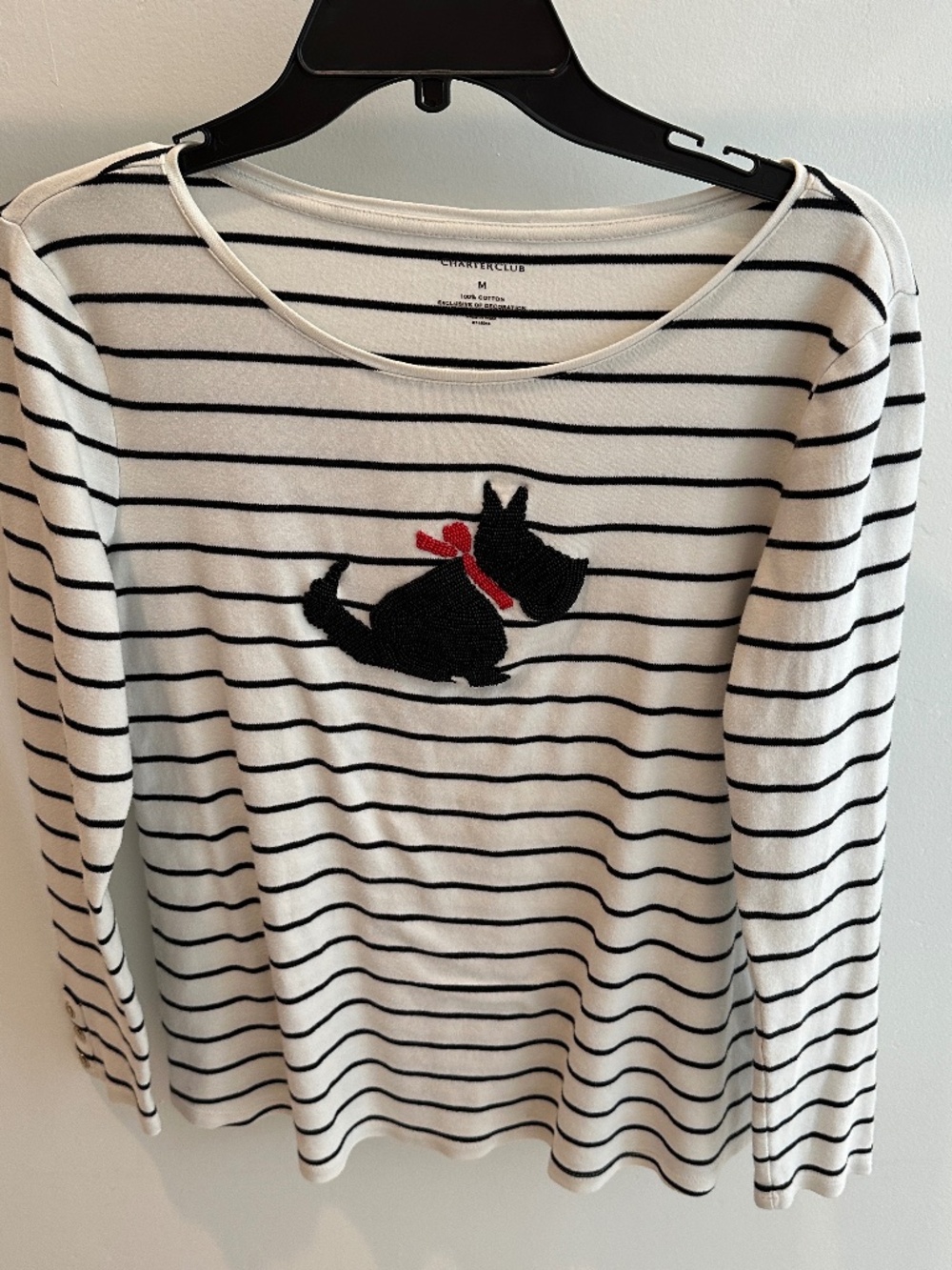 Charter Club White Striped Scotty Dog Beaded Top Long Sleeve M